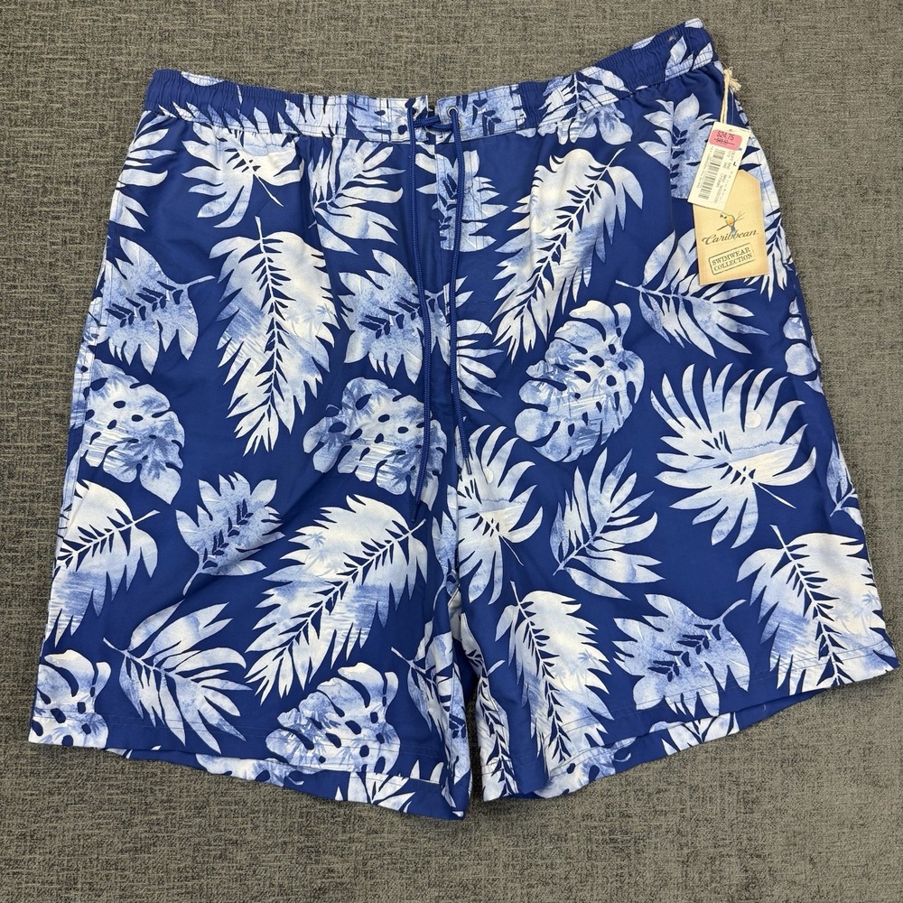 Caribbean Board Shorts‎ Mens XXL Blue Floral Swim Trunks Beach Summer Mesh Lined